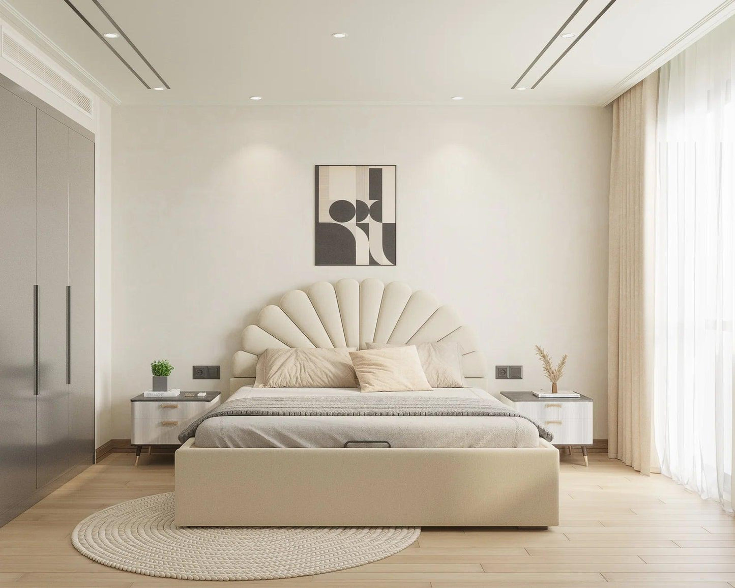 Satin Fabric bed With Upholstered headboard Non Storage Light Beige - King Size