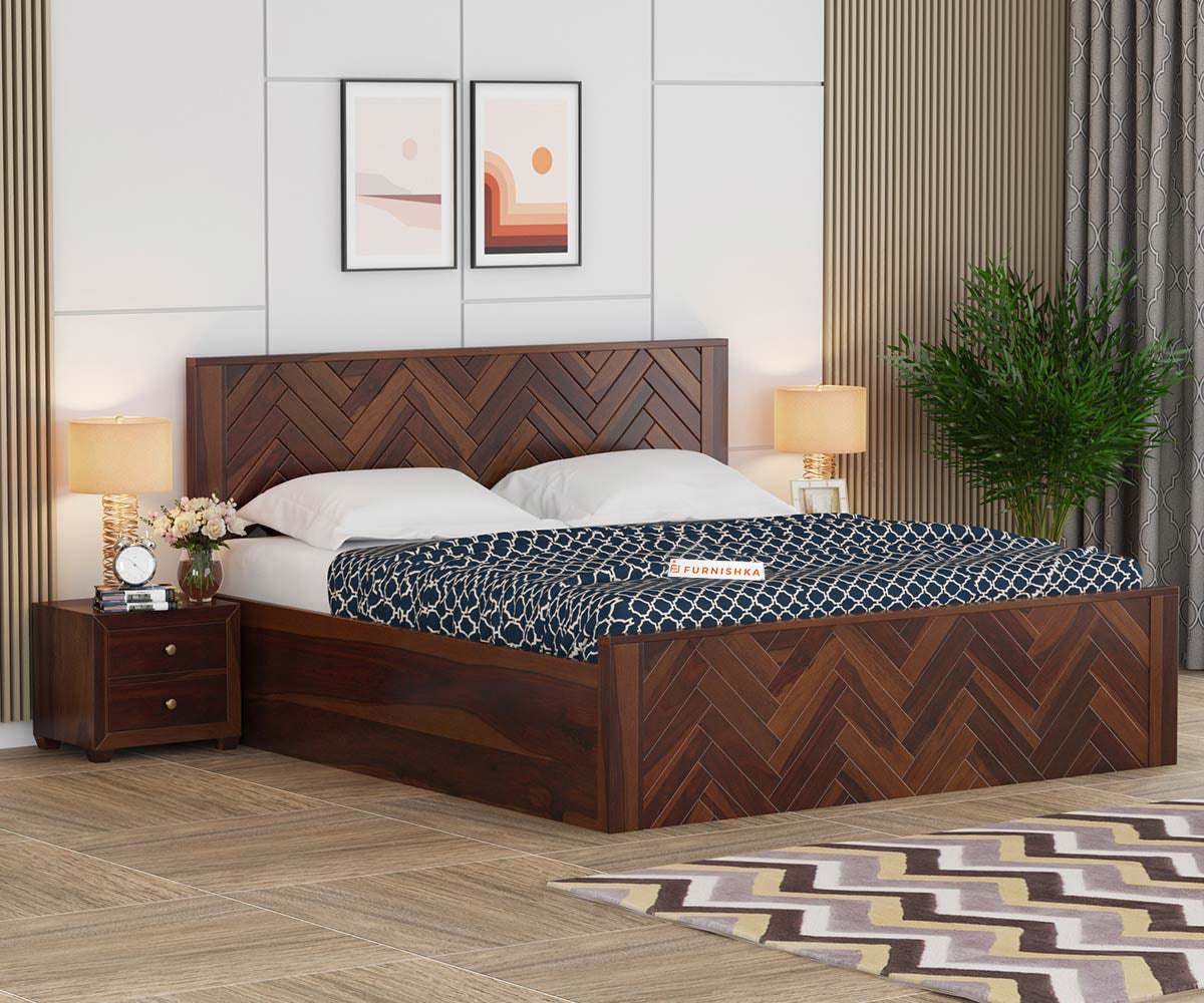 Myra Sheesham Wood Bed Hydraulic Storage - Queen Size - Furnishka