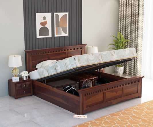 Adi Sheesham Wood Bed with Hydraulic Storage - King Size - Furnishka