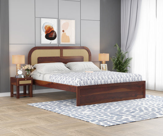 Hester Sheesham Wood Cane Bed With Non Storage - Queen Size - Furnishka