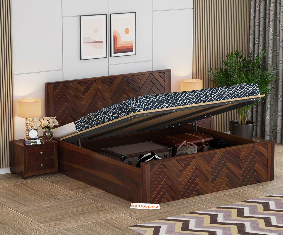 Myra Sheesham Wood Bed Hydraulic Storage - Queen Size - Furnishka