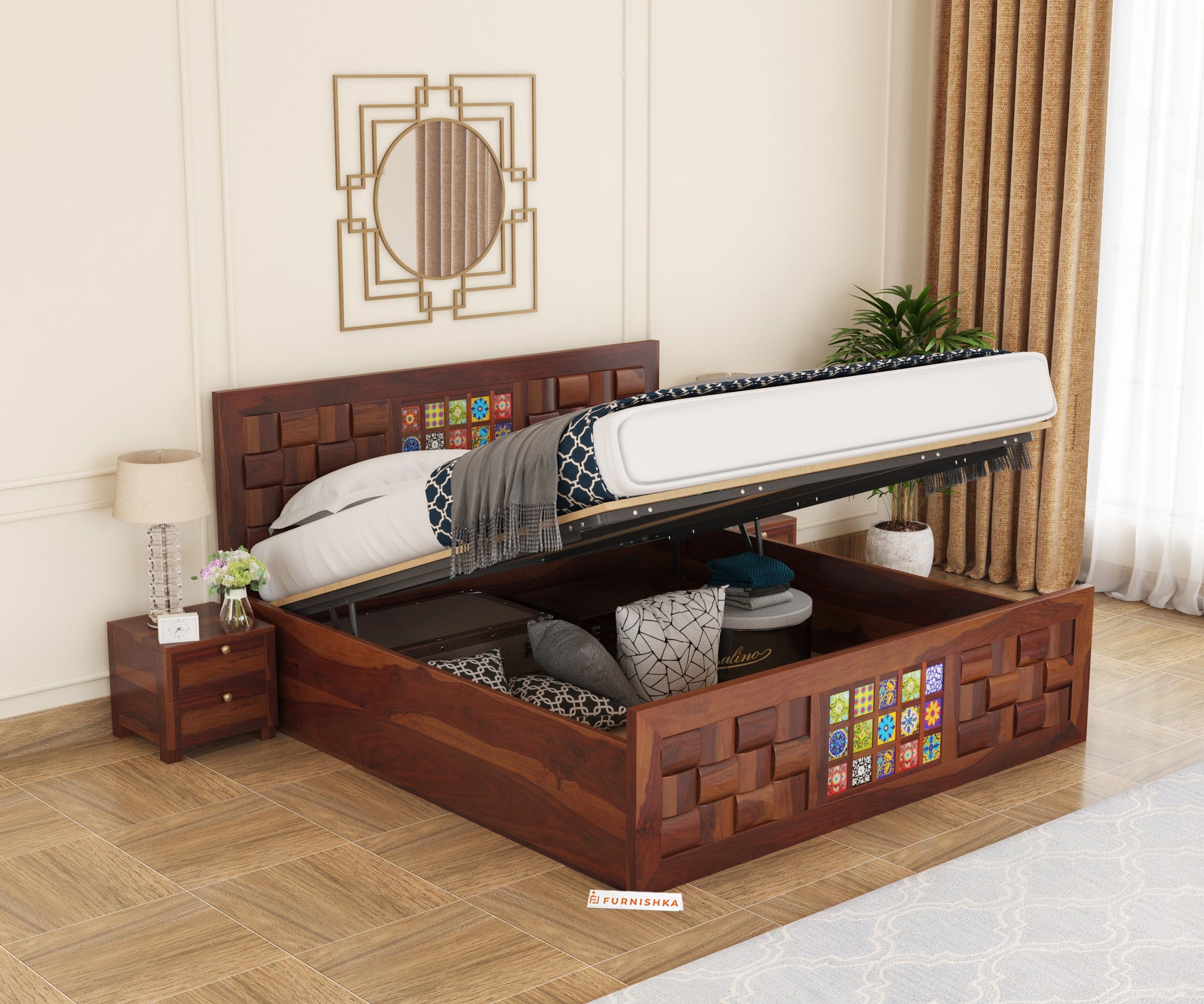 Josy Sheesham Wood Bed Hydraulic Storage - Queen Size - Furnishka