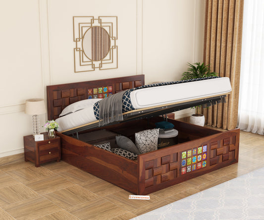 Josy Sheesham Wood Bed Hydraulic Storage - Queen Size - Furnishka