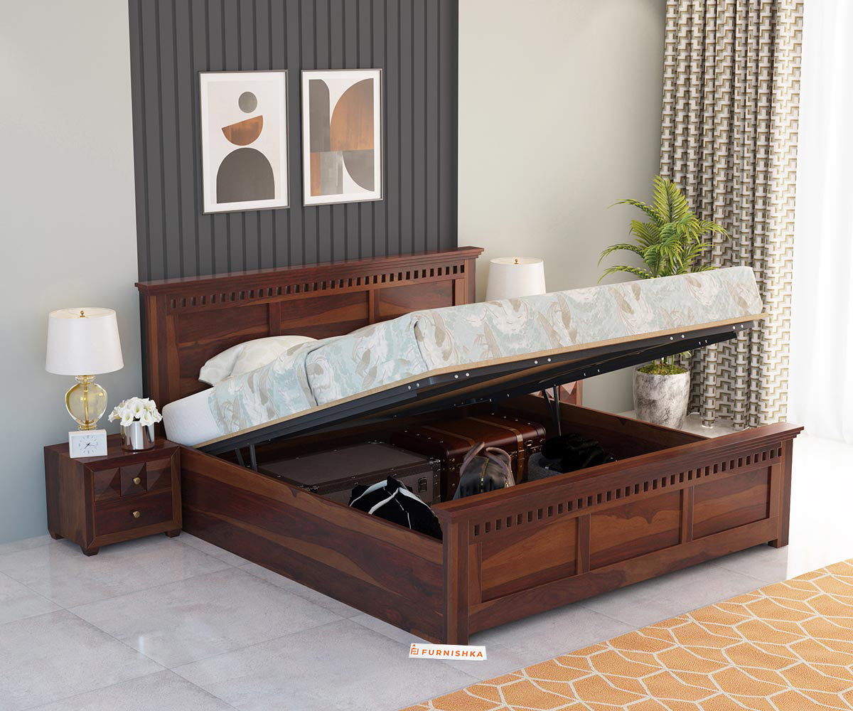 Adi Sheesham Wood Bed with Hydraulic Storage - Queen Size - Furnishka