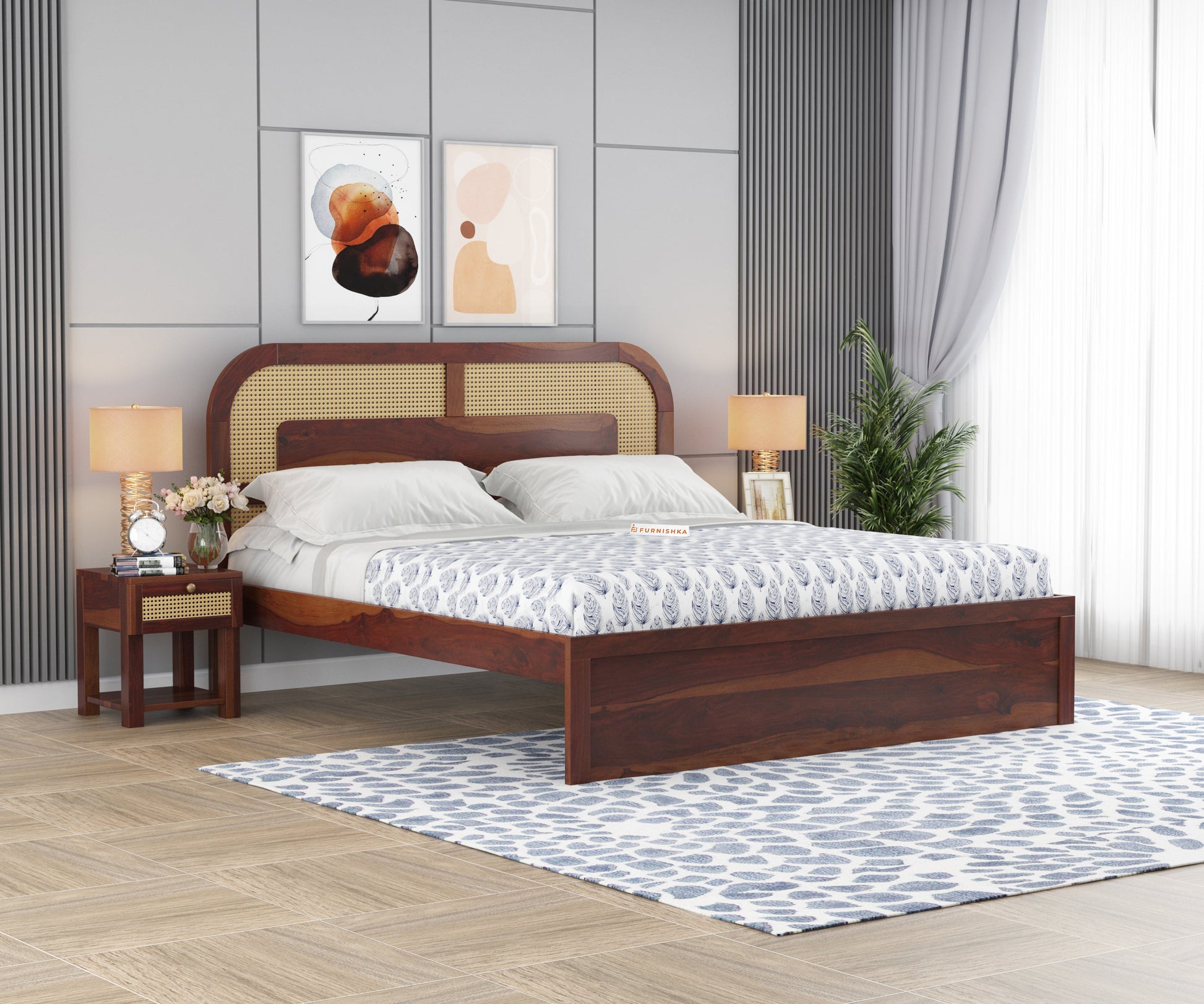 Hester Sheesham Wood Cane Bed With Non Storage - King Size - Furnishka
