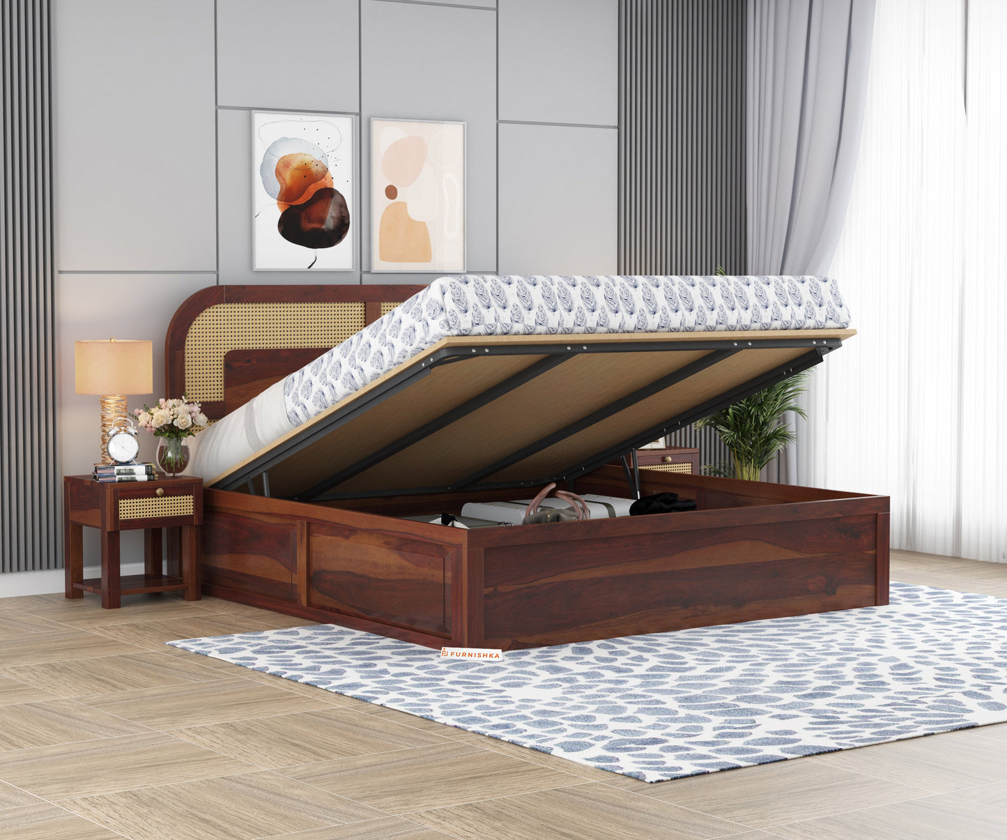 Hester Sheesham Wood Cane Bed With Hydraulic Storage - King Size - Furnishka