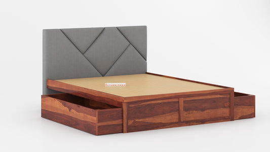 Agatha Sheesham Wood bed with Upholstered headboard Drawer Storge Queen Size