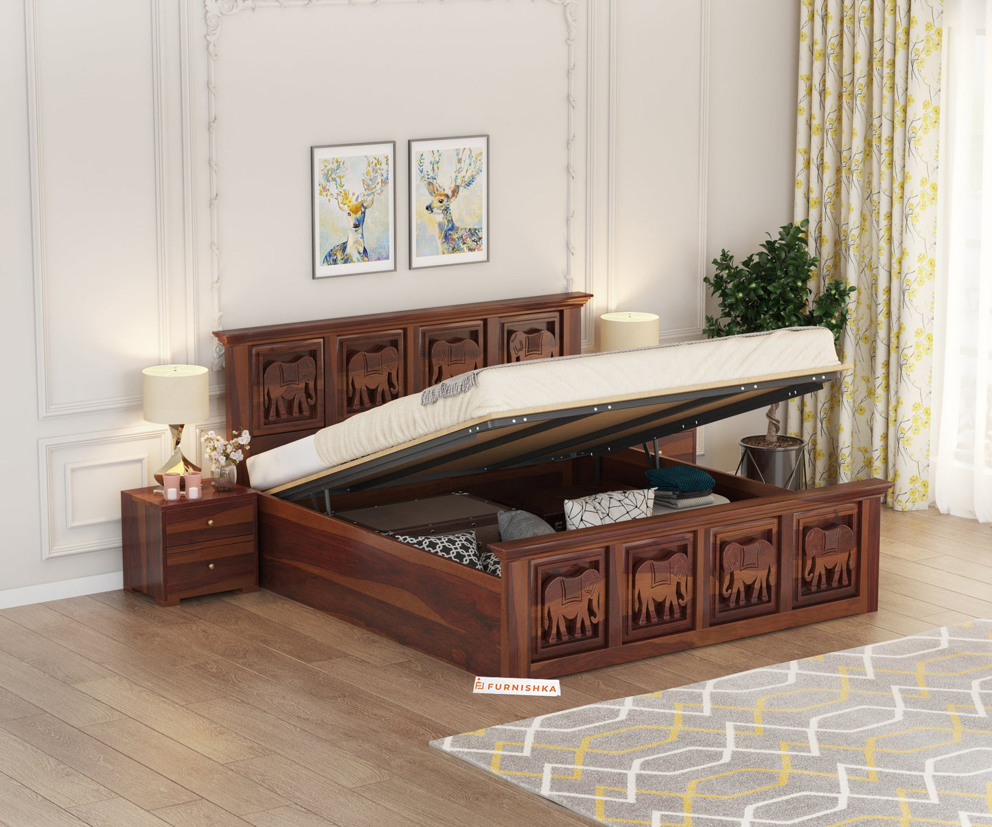 Hathi Sheesham Wood Bed Hydraulic Storage - Queen Size - Furnishka