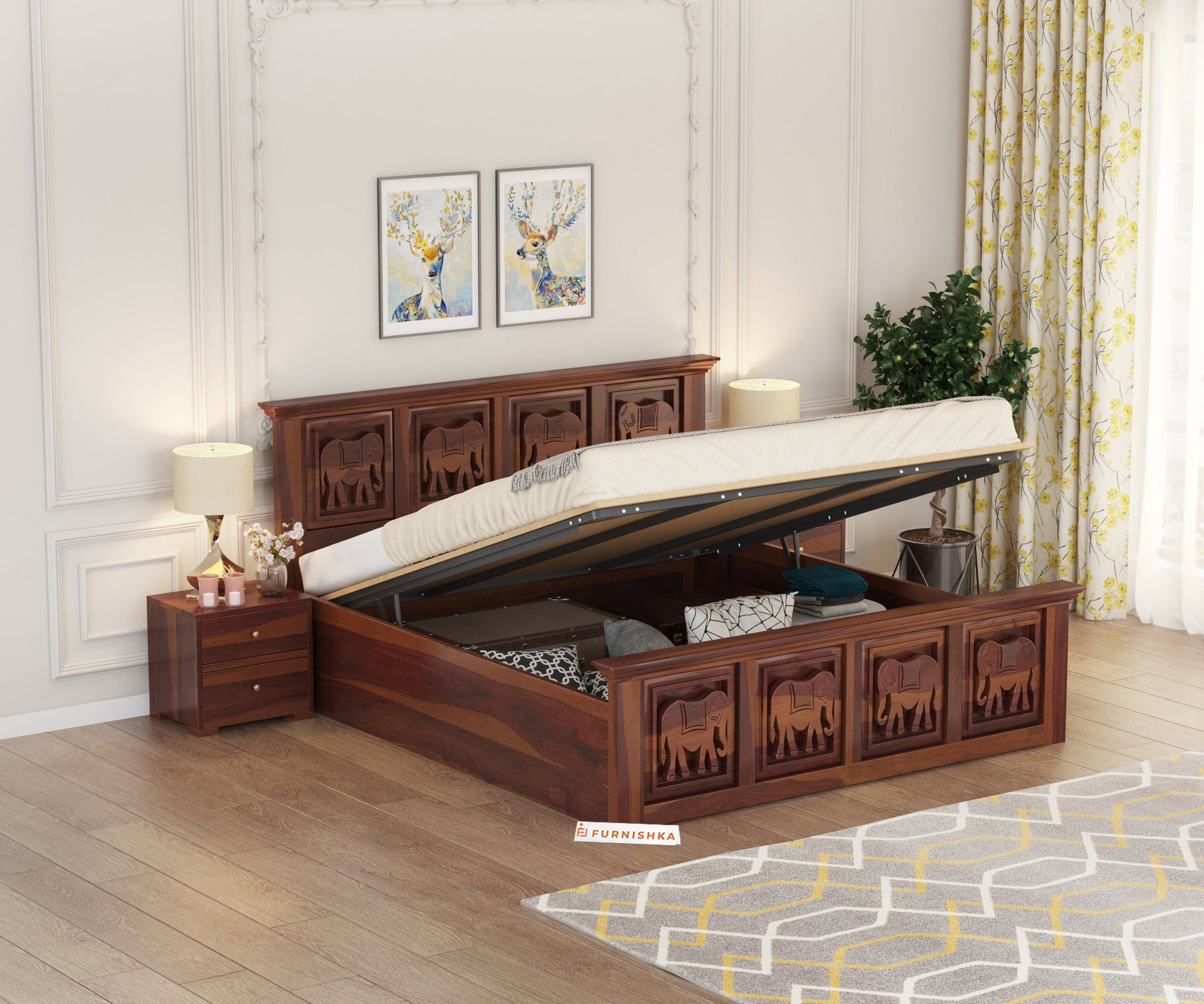 Hathi Sheesham Wood Bed Hydraulic Storage - Queen Size - Furnishka