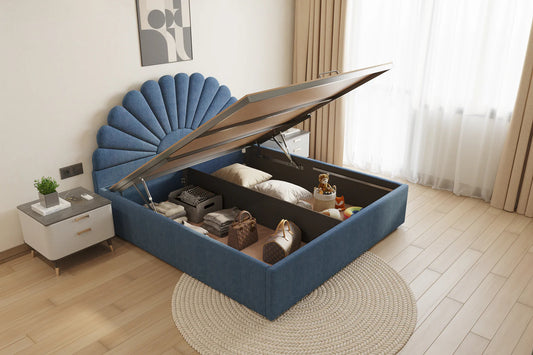 King Size Upholstered Headboard bed in Satin Headboard Design in Hydraulic Storage in Teak in Magitex - Persia Rose