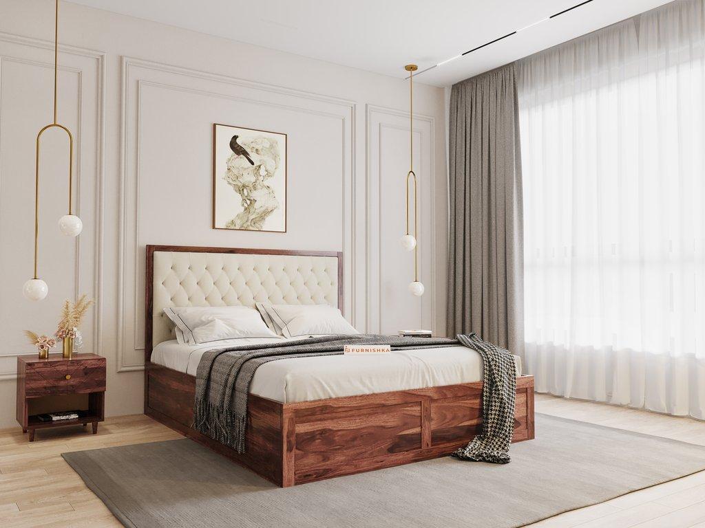 King Size Upholstered Headboard bed in Satin Headboard Design in Hydraulic Storage in Teak in Napoli - Pine