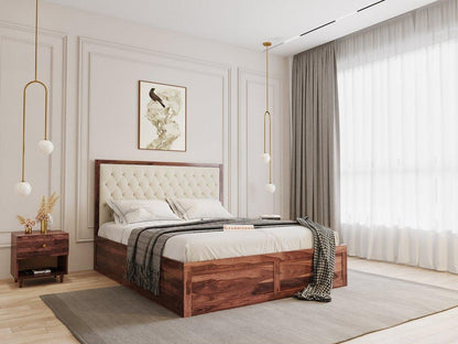 King Size Upholstered Headboard bed in Satin Headboard Design in Hydraulic Storage in Teak in Napoli - Pine