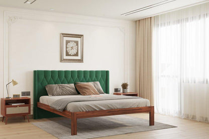 Samawi Sheesham Wood bed with Upholstered headboard Non Storage King Size - Pine Green