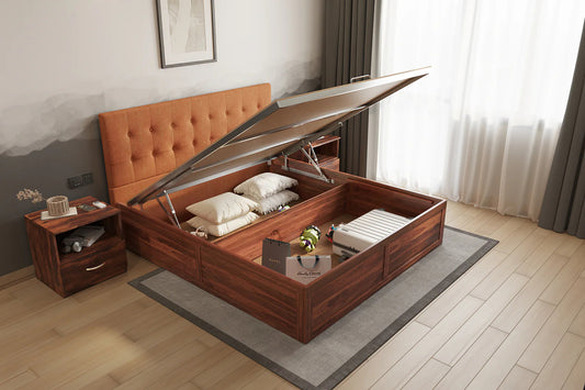 Irene Sheesham Wood bed with Upholstered headboard Hydraulic Storage Queen Size