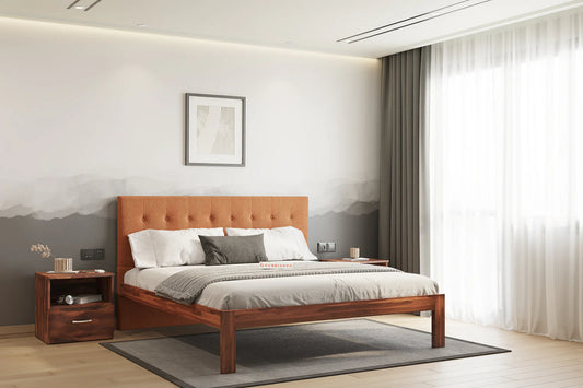 King Size Upholstered Headboard bed in Irene Headboard Design in Non Storage in Sheesham in Akira - Deep Rust