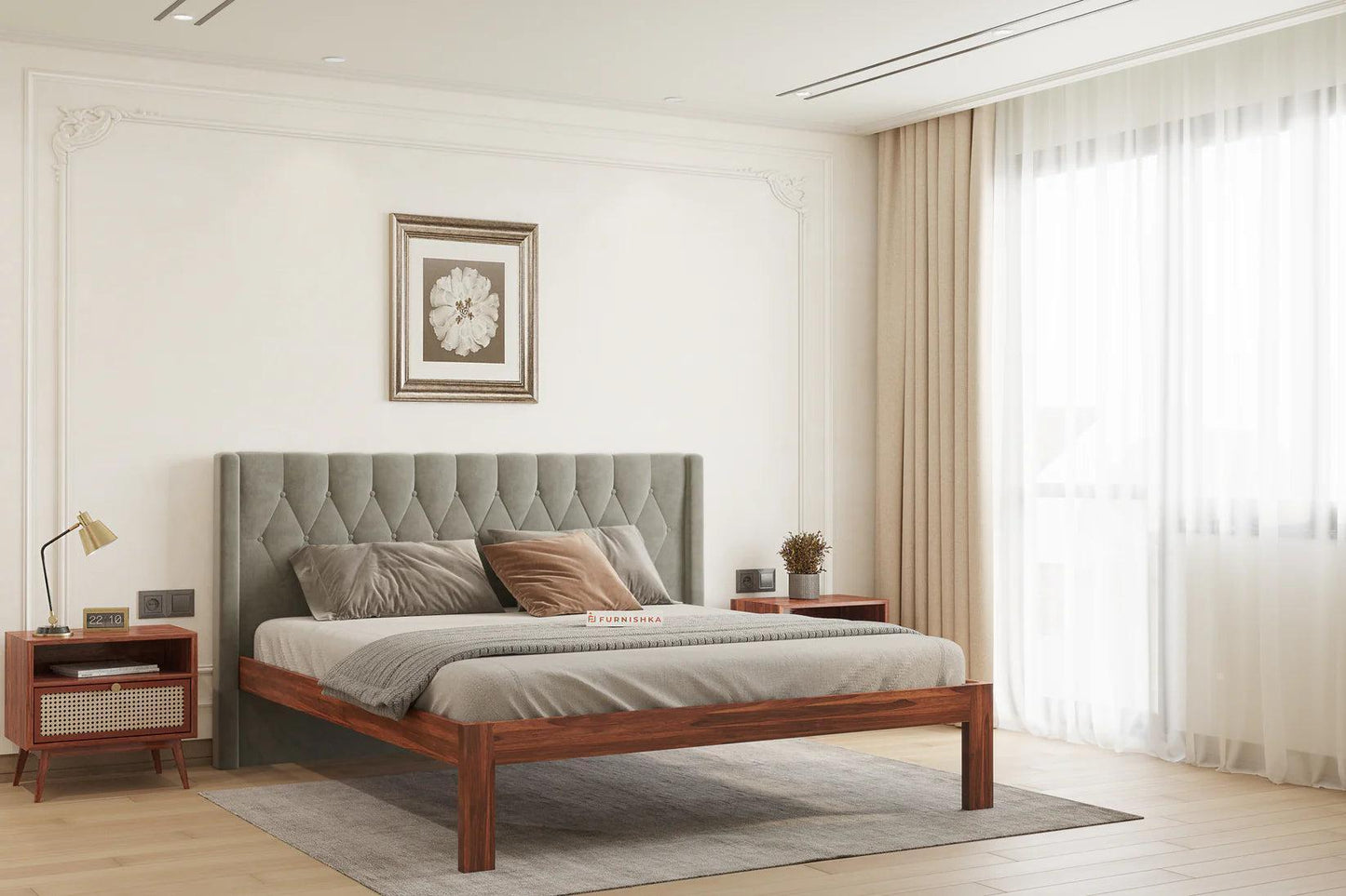 King Size Upholstered Headboard bed in Samawi Headboard Design in Non Storage in Sheesham in Napoli - Trout