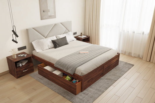 Agatha Sheesham Wood bed with Upholstered headboard Drawer Storge Queen Size