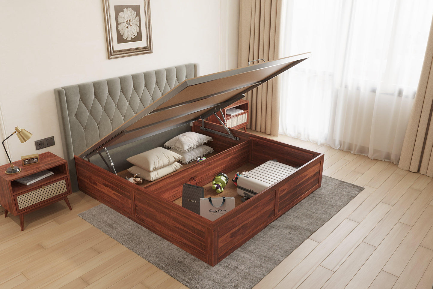 King Size Upholstered Headboard bed in Samawi Headboard Design in Non Storage in Sheesham in Napoli - Trout