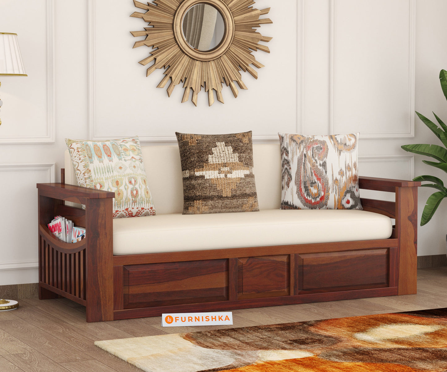 Reuben Sheesham Wood Sofa Cum Bed (Brown Finish)