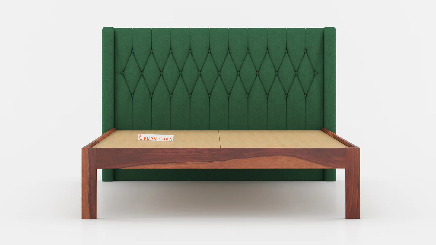 Samawi Sheesham Wood bed with Upholstered headboard Non Storage King Size - Pine Green