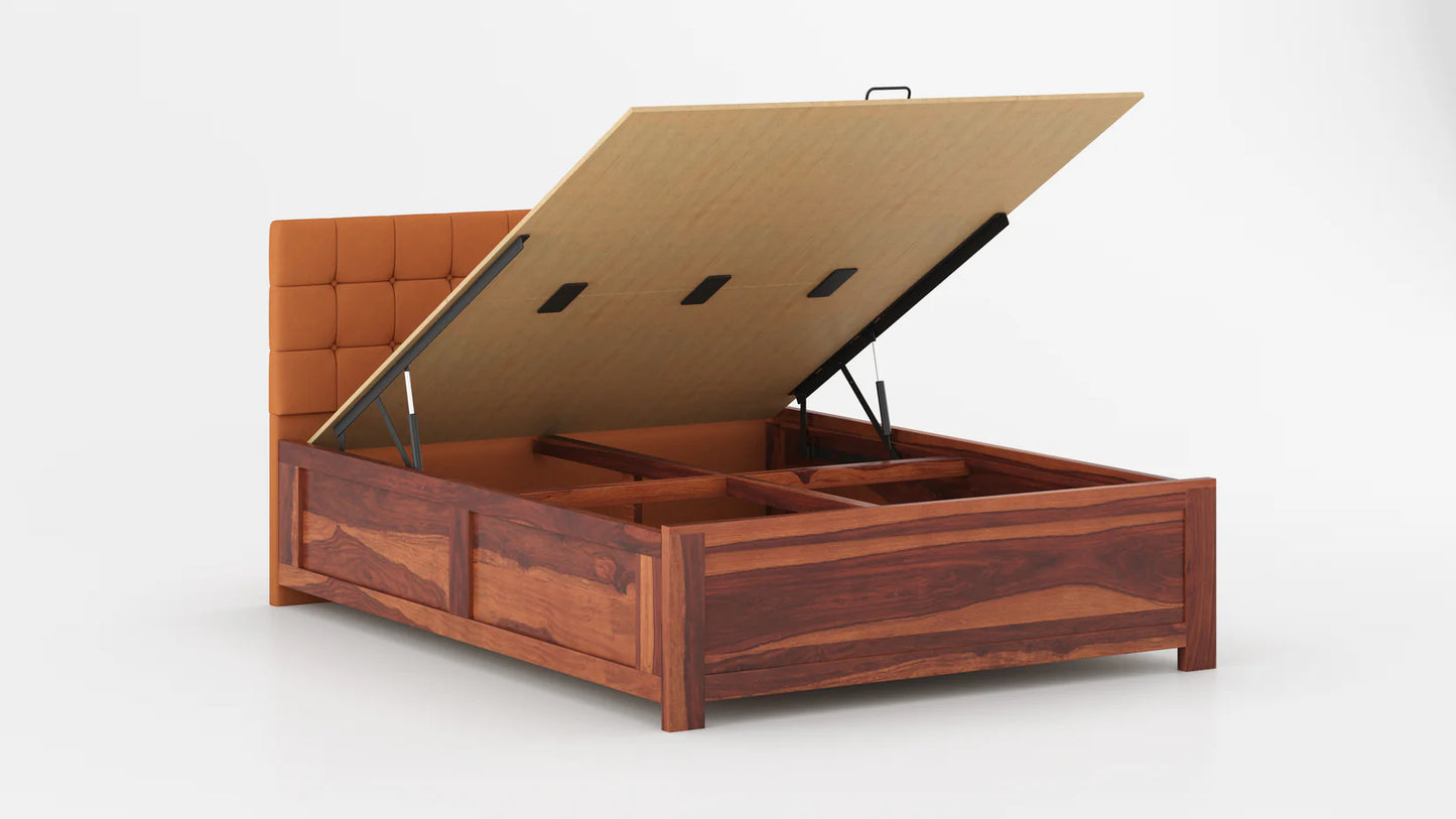 Irene Sheesham Wood bed with Upholstered headboard Hydraulic Storage Queen Size